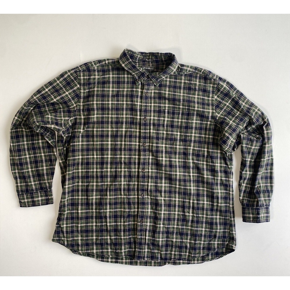 Eddie Bauer Men 2XL Flannel Shirt Green Blue Plaid Gorpcore Outdoors Relaxed Fit